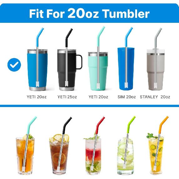 Stainless Steel Straws for 20 oz YETI Tumbler, 4 Pcs Metal Straws Reble with Silicone Tip for 20 oz Stanley Cup and 16 oz Glass Cups(Color 1)