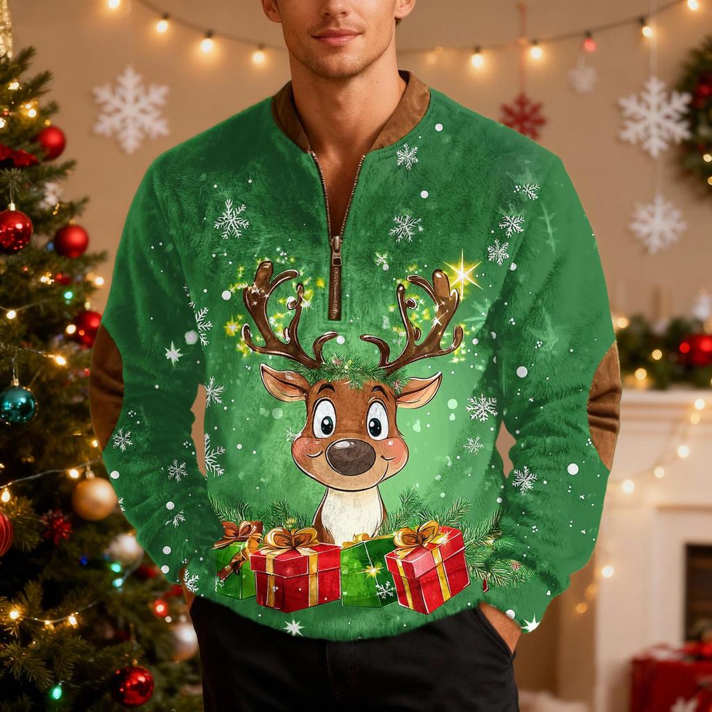 Мужской рождественский свитер на молнии, винтажный вязаный графический свитшот, рождественский пуловер со стойкой