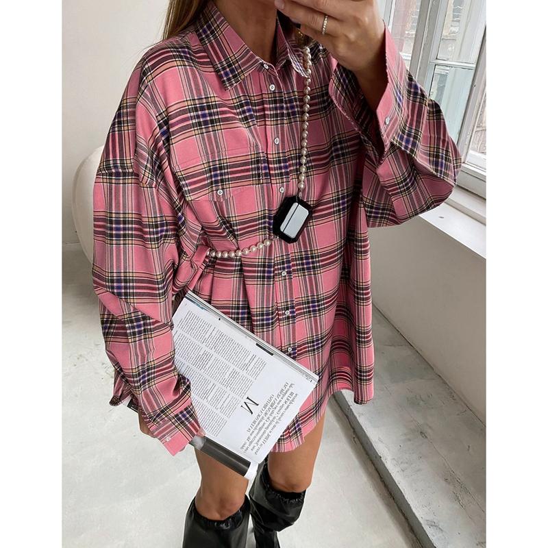 Розовые рубашки и топы в клетку, женская уличная одежда, повседневный топ в клетку с длинными рукавами, однобортная рубашка большого размера, женская