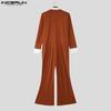 INCERUN Oversized Men Long Sleeve Stitching Slim Waist Casual Long Flare Rompers Jumpsuits