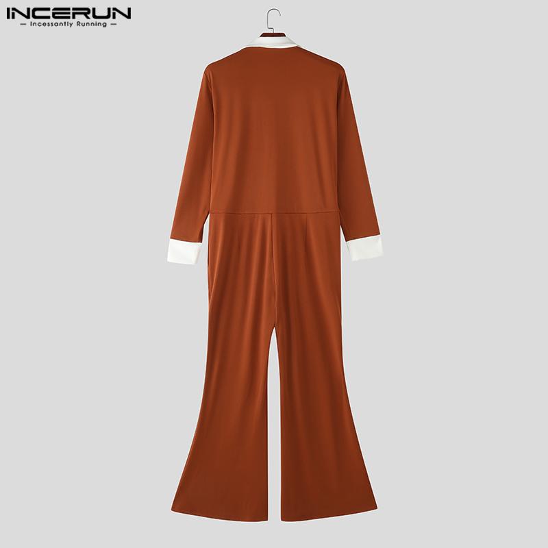 INCERUN Oversized Men Long Sleeve Stitching Slim Waist Casual Long Flare Rompers Jumpsuits
