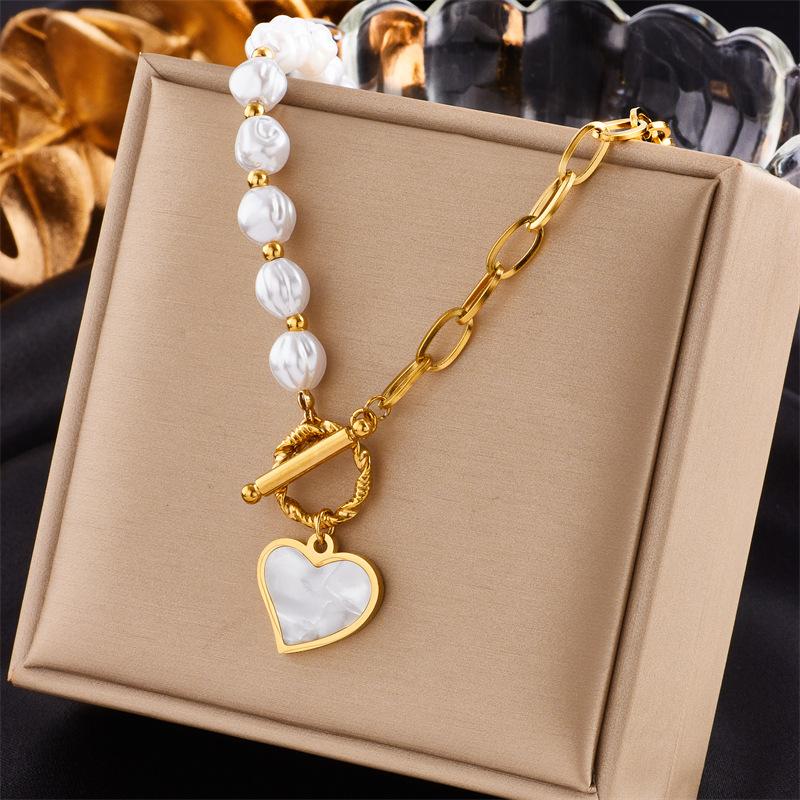 Ladies Titanium Steel Pearl Love Heart Pendant Necklace Jewelry