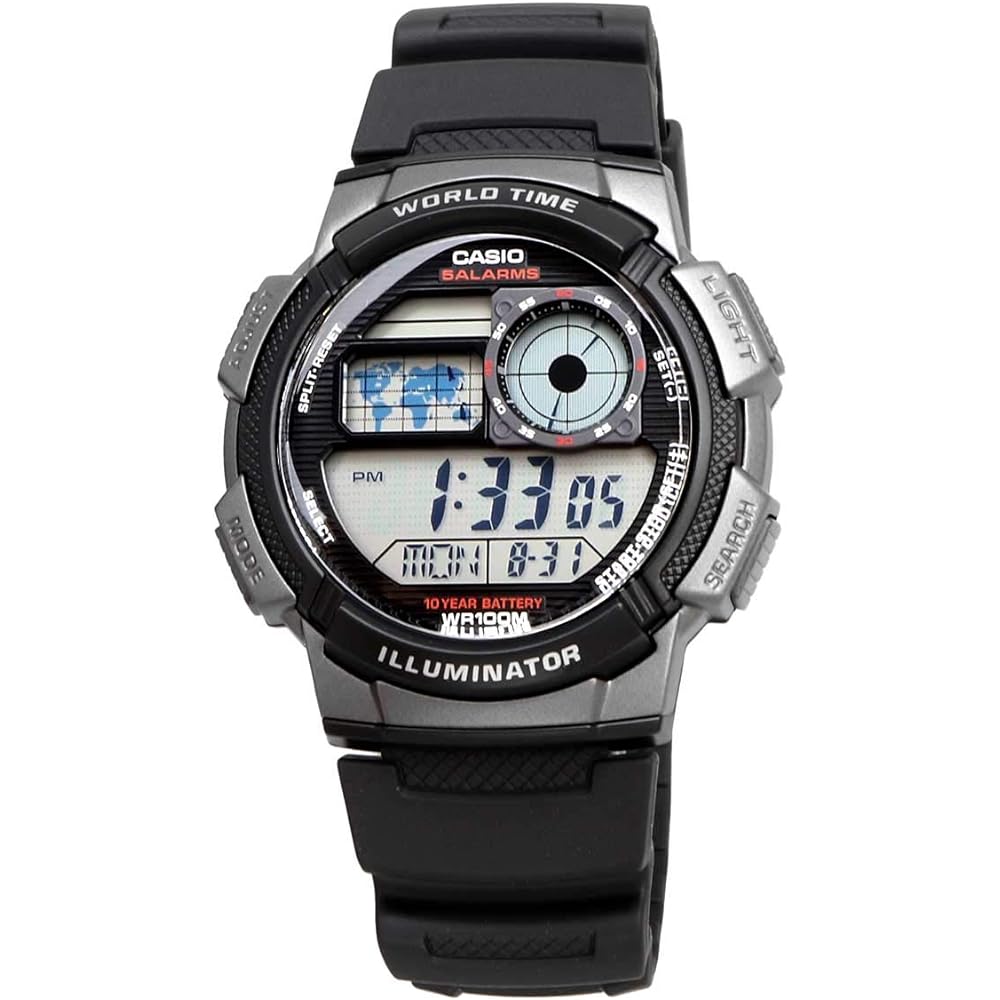 Casio World Time Digital Men's Watch AE-1000W-1BV Black Gray Metallic 50m Water Resistant