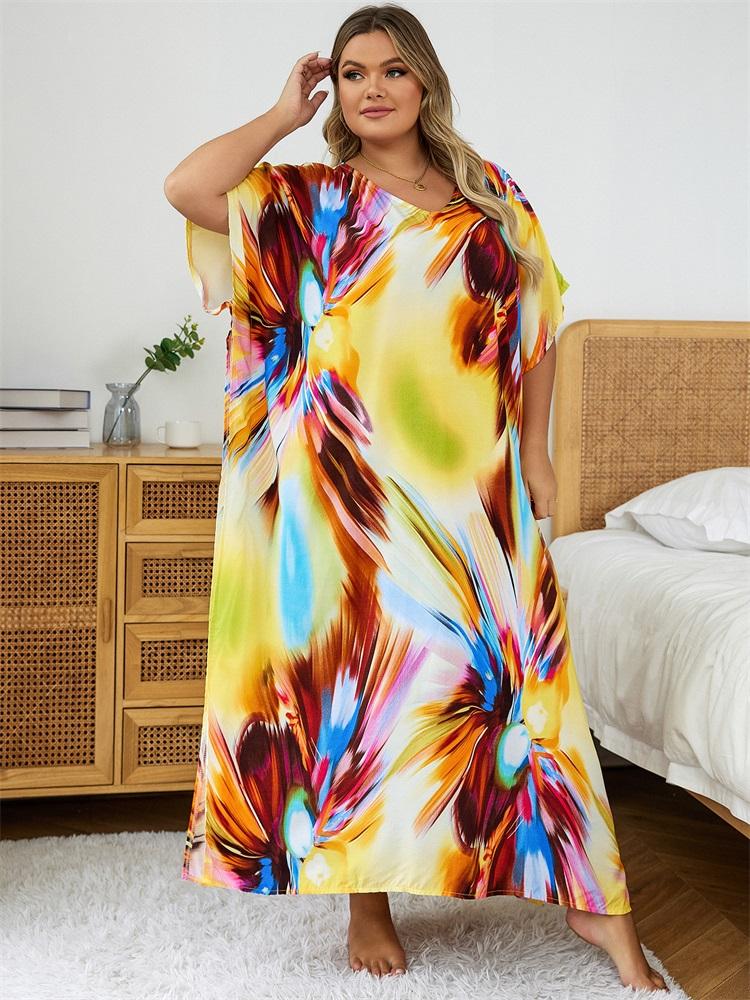 EDOLYNSA Yellow Fashion Kaftan Women's Loose Robe Fresh Dress Breathable Vacation Party Long Dress Swimsuit Cover-up Outfit Q1594