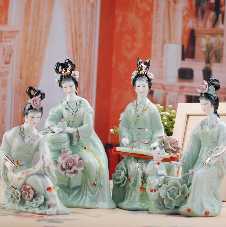 Цзиндэчжэнь Ручная работа Классическая керамическая статуэтка красавицы Фарфоровая шахматная роспись Скульптура Домашнее украшение для гостиной Ремесленное украшение