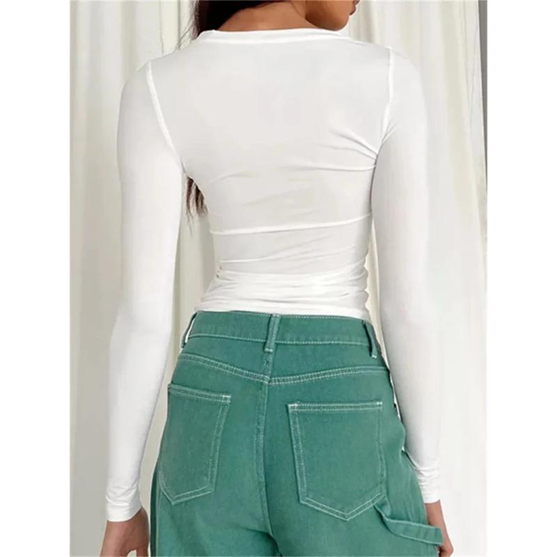 Осенние женские тонкие укороченные топы с круглым вырезом и длинным рукавом, однотонная футболка темпераментного цвета с изображением пупка