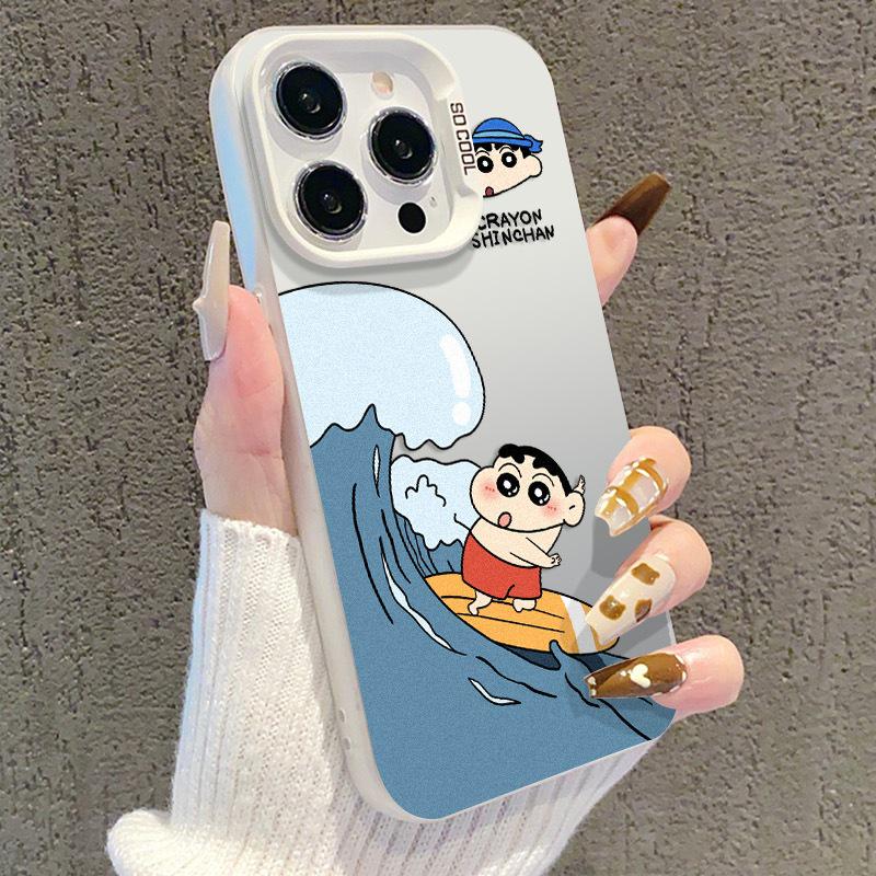 Чехол для телефона Shin-chan Surfing Silver, защищенный от падений, для iPhone 11/12/13/15 Pro/16 - Милый и модный дизайн