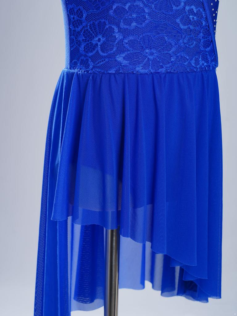 Платье-трико для девочек с воротником-стойкой, цветочным кружевом, стразами, асимметричными плечами и неровным подолом, лирический танцевальный костюм