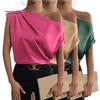 Women Casual Shirt Irregular Off-Shoulder Boat Collar Top Sleeveless Simulated Silk Blouse Smooth Satin Dating Tops