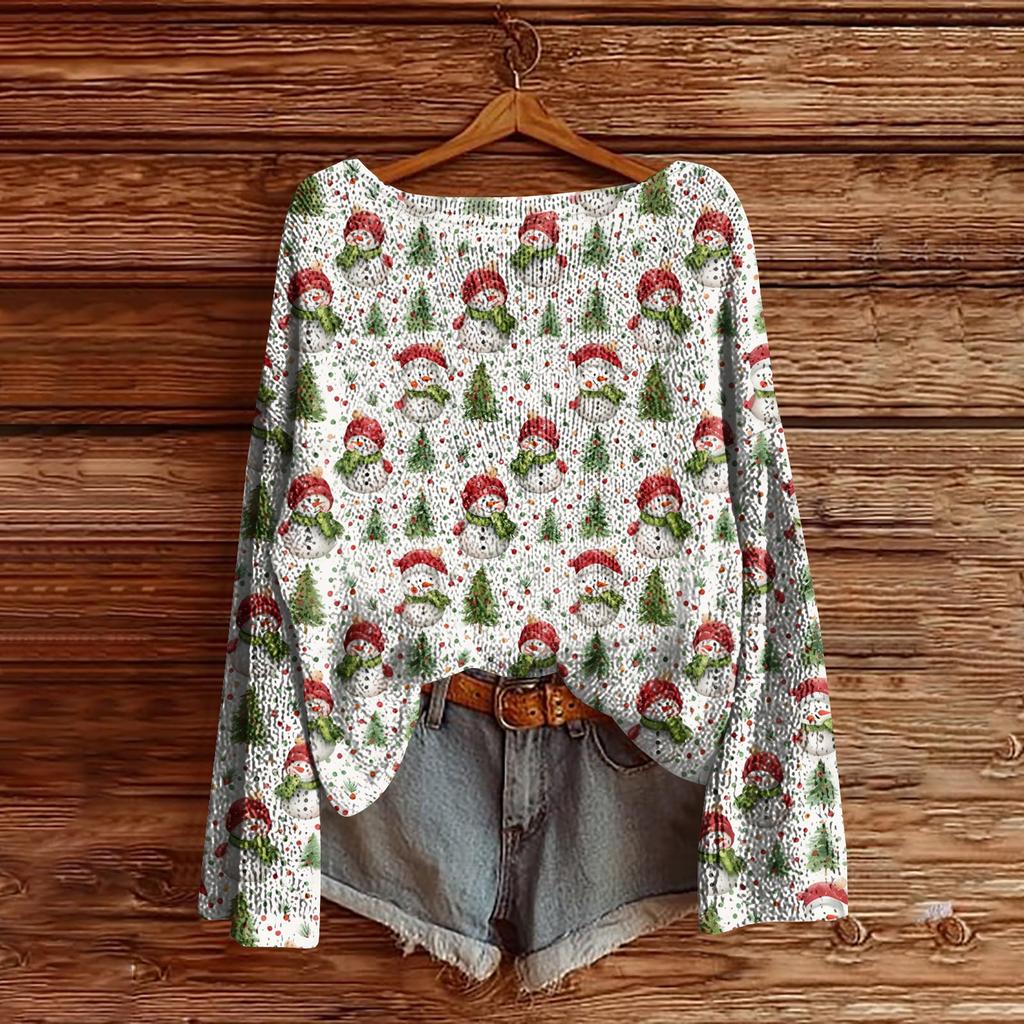 Women's Christmas Print Lightweight Sweater Casual Long Sleeve Knitted Pullover