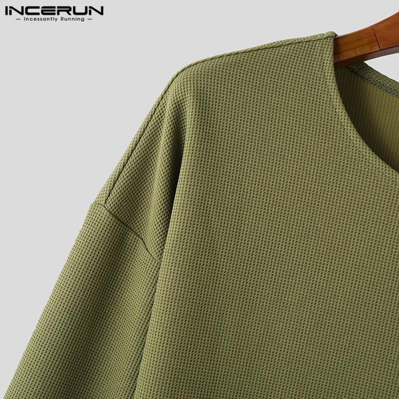 INCERUN Men Round Neck Long Sleeve Texture Waffle Casual Oversized T-shirts