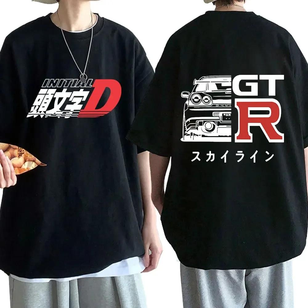 Men Anime Drift AE86 Initial D Double Sided T Shirt O-Neck Short Sleeves Summer Casual Unisex R34 Skyline GTR JDM Manga T-Shirts