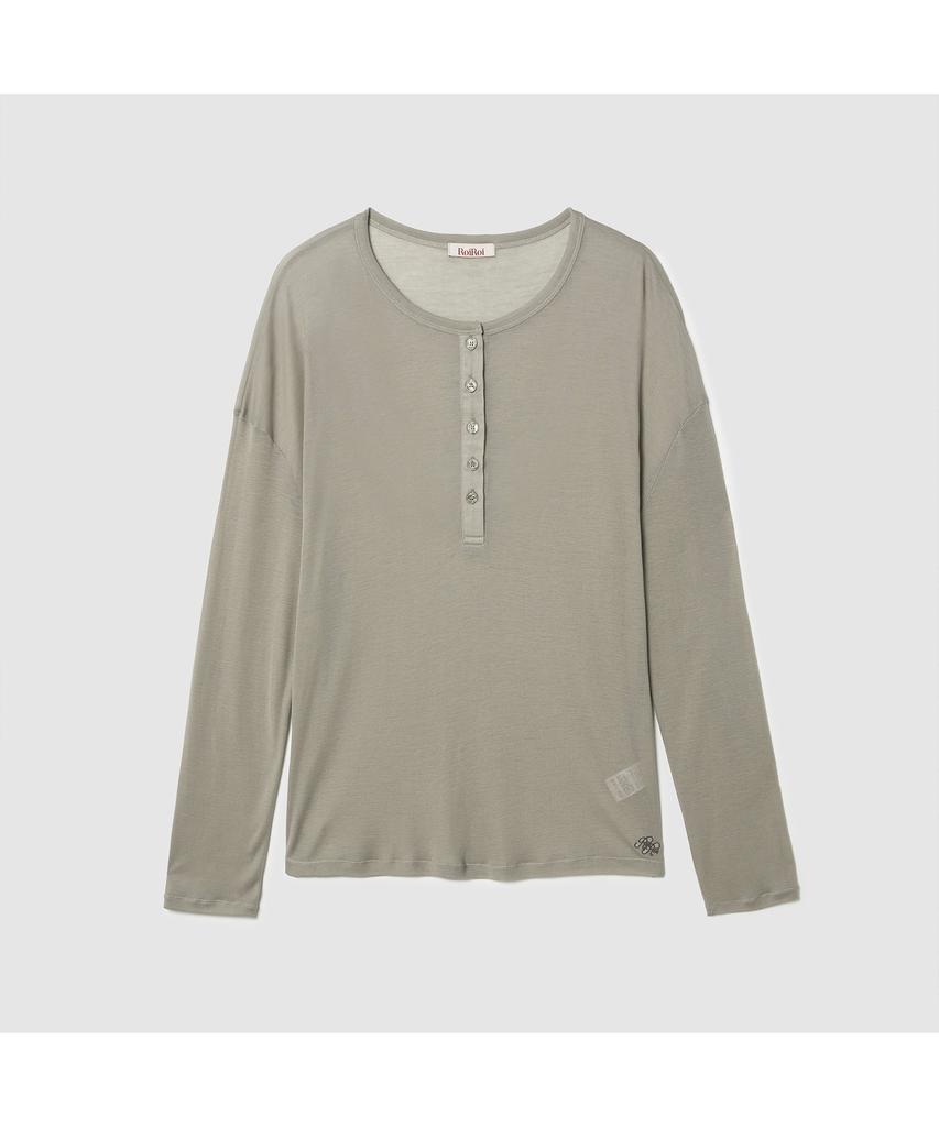 ROIROI Loose Fit Tencel Henley Neck Long Sleeve Tee - Khaki
