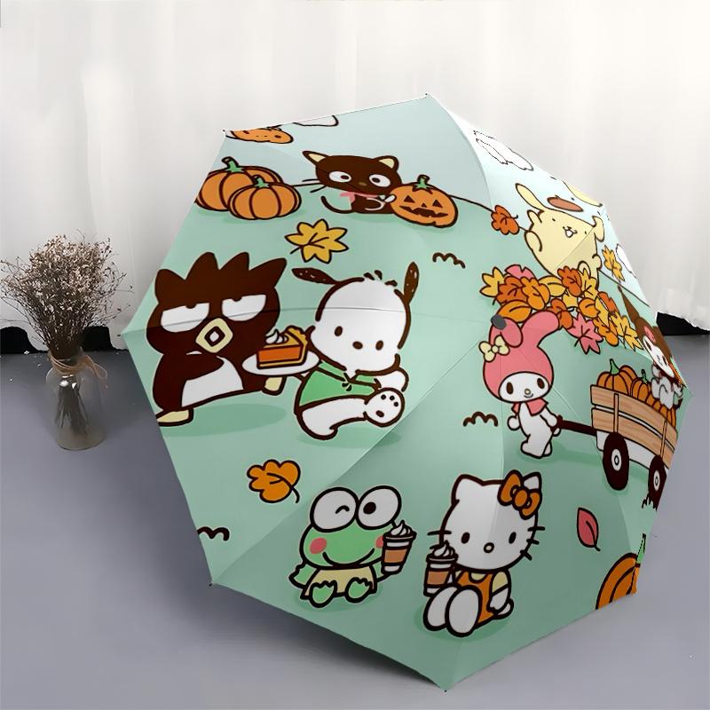 1pc Hello Kitty & Friends Autumn Harvest Festival Umbrella - Automatic Opening/Closing, Portable 3-Fold Design, 8-Bone Iron Frame Outdoor Umbrella, Pe