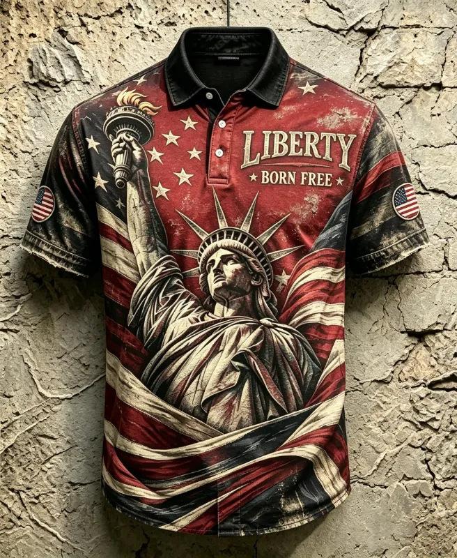 Patriotic Vintage Eagle Flag Short Sleeve Polo, Men's Stylish Casual Top