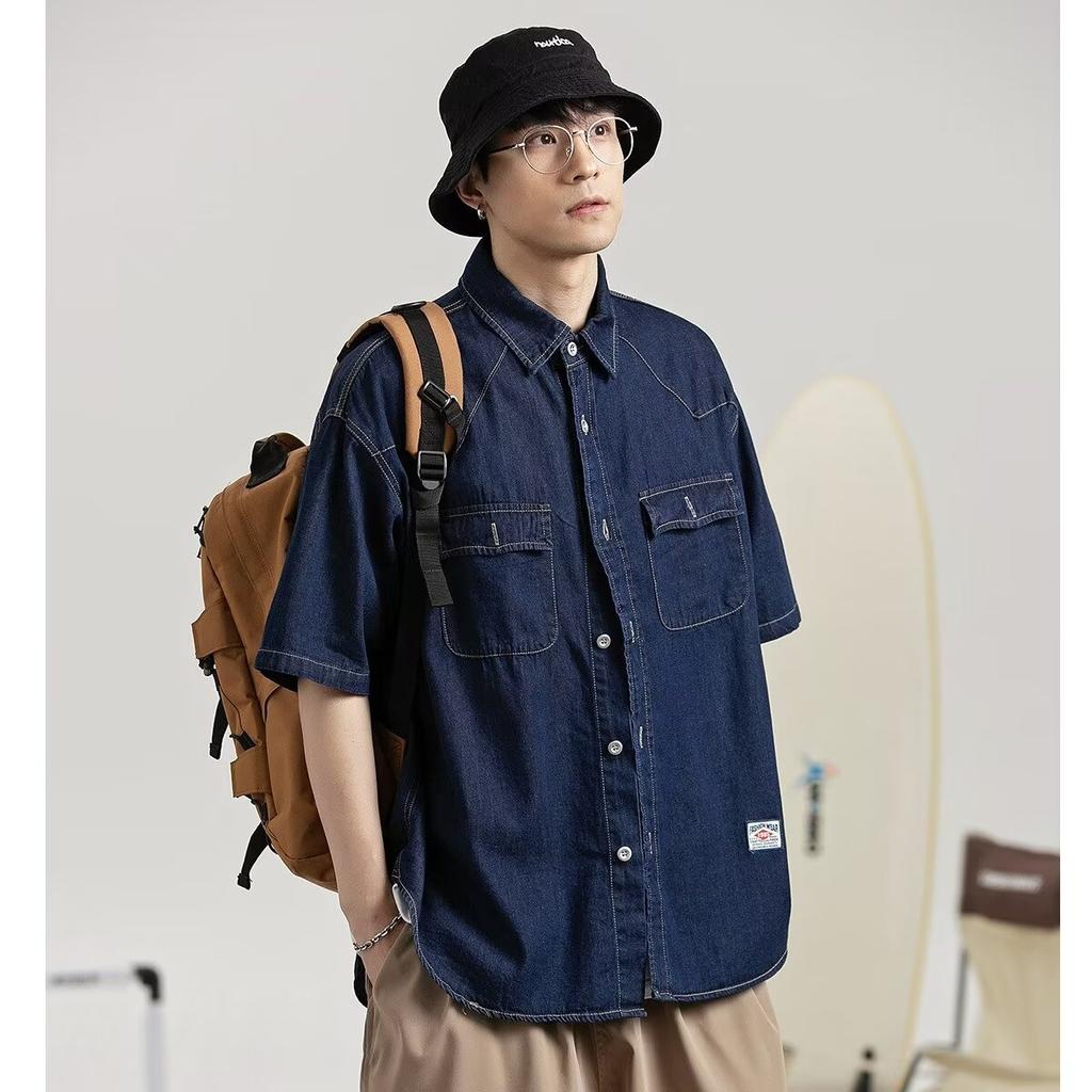 Японский ретро модный бренд летняя свободная джинсовая рубашка с короткими рукавами художественная молодежная рабочая рубашка мужская и женская многослойная куртка