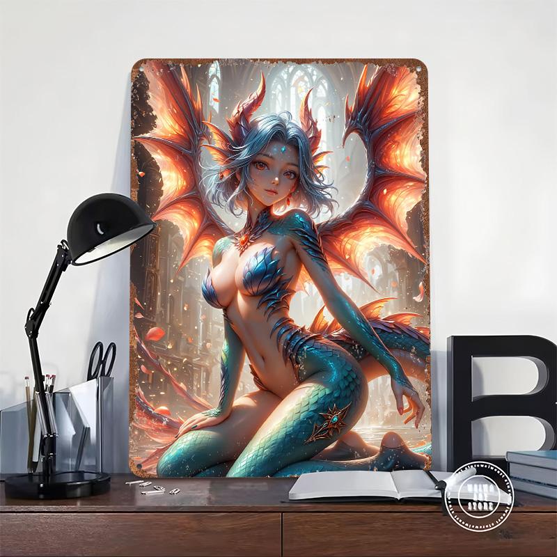 Fantasy Dragon Girl Metal Poster Customized Wall Art Retro Vintage Tinplate Signs for Living Room Decorations Wand Deko Man Cave