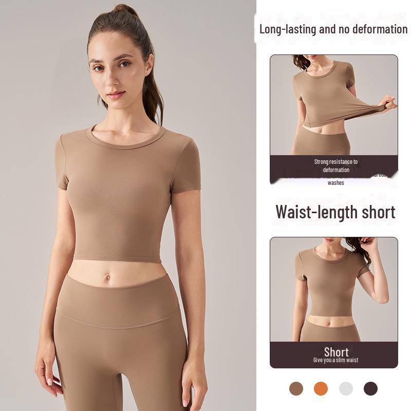 Женские летние топы для йоги из лайкры с круглым вырезом и коротким рукавом — высокая эластичность, удобная посадка для фитнеса и спорта.
