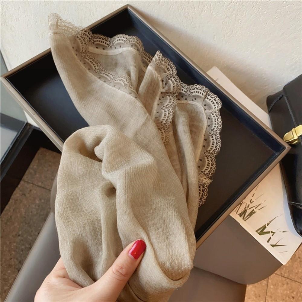 Solid Color Cotton Linen Scarf Lace Edge Silk Scarf Literary Flaxen Lace Scarf  for Women