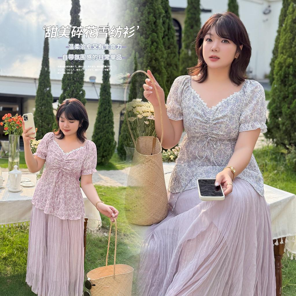 Large size women's French sweet short-sleeved chiffon shirt 2026 summer fashion foreign style waist top 254723