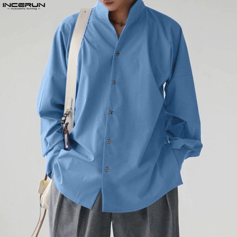 INCERUN S-5XL Мужские повседневные рубашки с воротником-стойкой, длинным рукавом и боковыми пуговицами