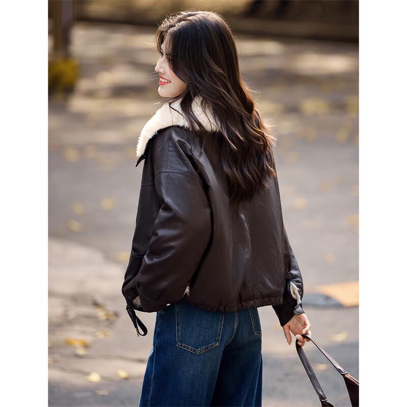 XINFEIYU Женское зимнее пальто из искусственной ПУ кожи с лацканами, на подкладке из искусственной овечьей шерсти