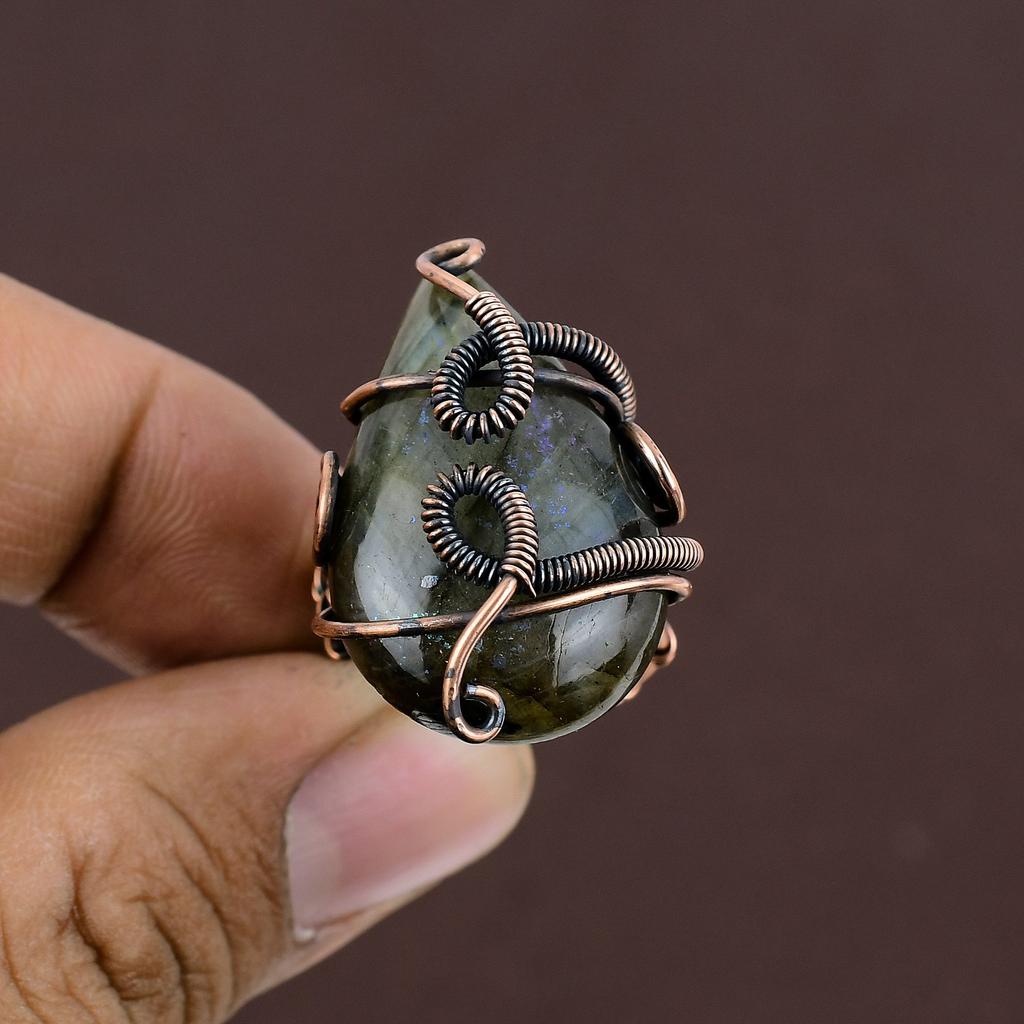 Лабрадорит Ручная работа Медная проволока Оплетка Ювелирное кольцо Размер 6.5 k3R28
