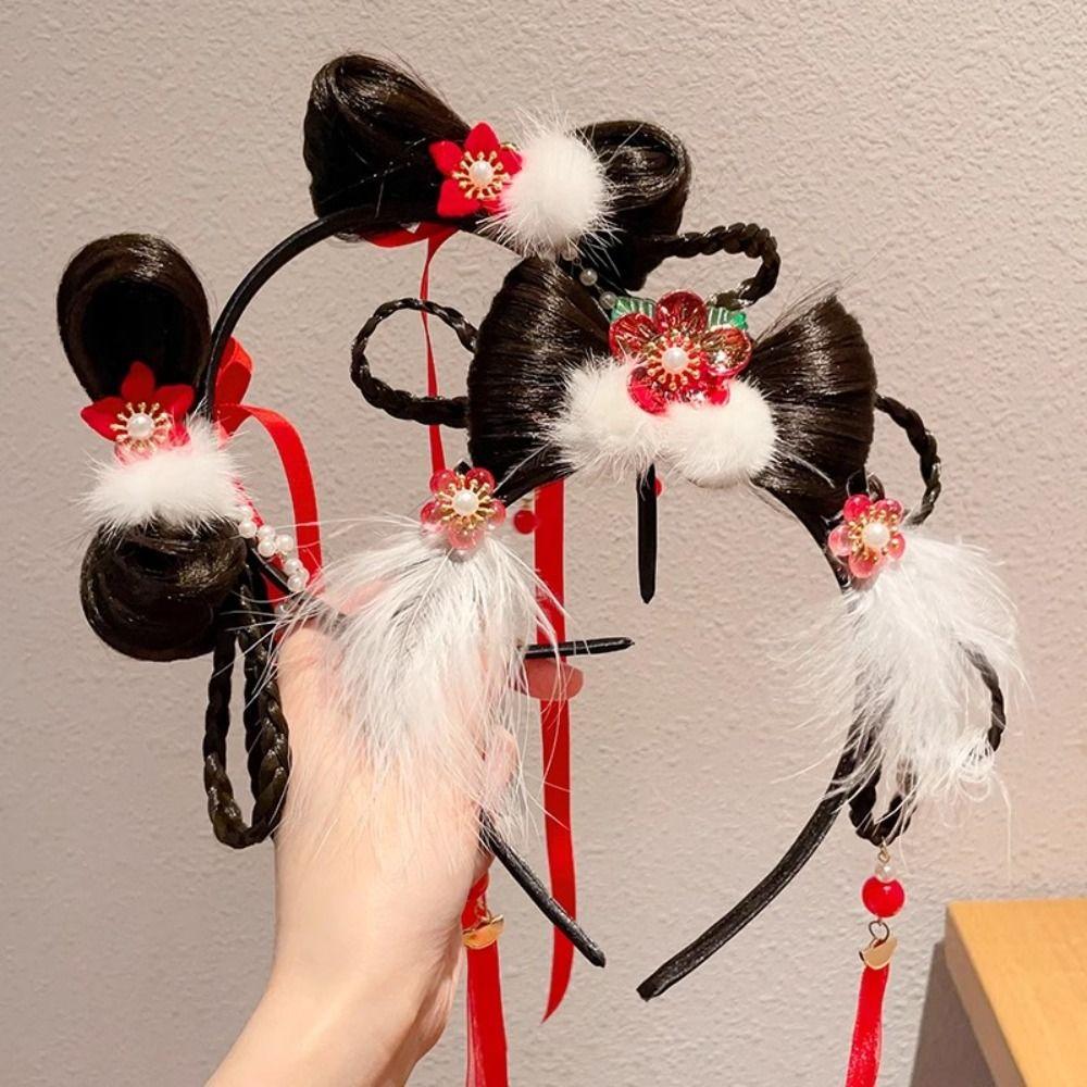 Tassel Chinese New Year Headwear Braid Hair Hanfu Hair Sticks Sweet Red Bow Hairband Baby