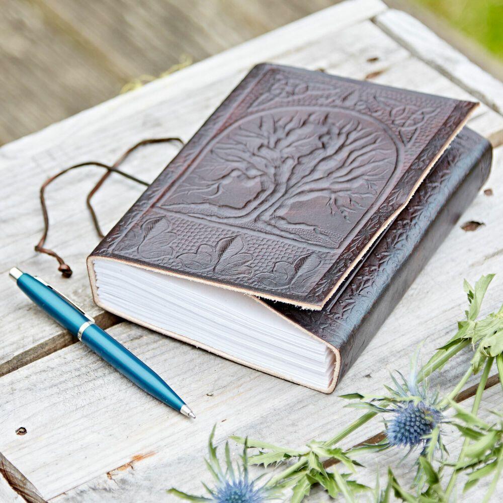 Tree of Life Leather Journal, 125 Unlined Recycled Paper Pages Notebook Diary