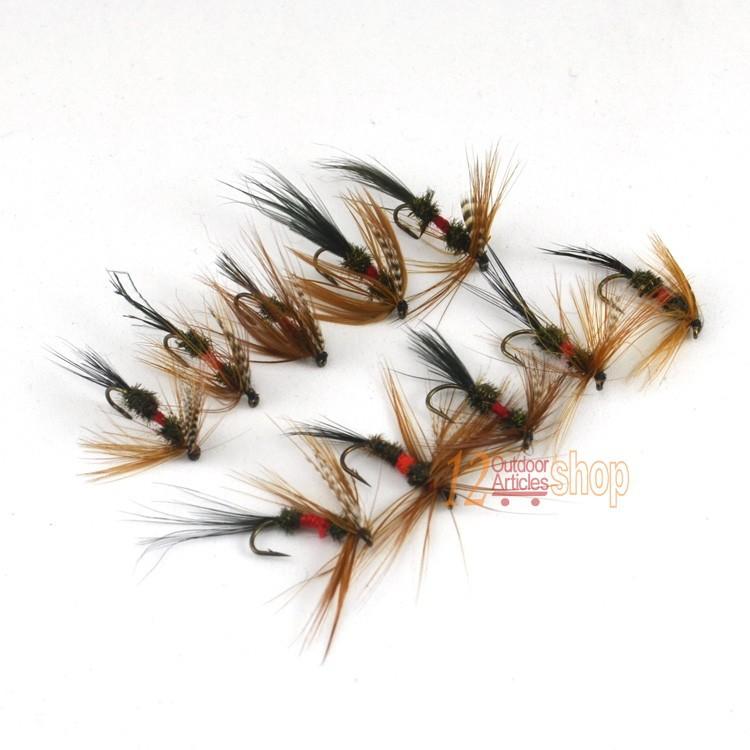 MNFT 10PCS [10#] Grey Hackle Peacock Coachman Fly Trout Fishing Bait Dry Flies Royal Wulff Brown Hackle Fishing Fly Lures