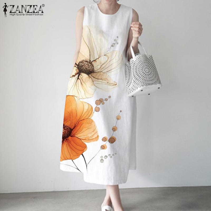 ZANZEA Женское летнее повседневное платье без рукавов с цветочным принтом и круглым вырезом