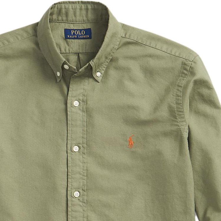 Polo Ralph Lauren Ss23 Однотонная однобортная рубашка с длинным рукавом и вышитым логотипом Мужские рубашки Зеленые 710847235-034