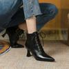 Vintage Mature Women Ankle Boots Pointed Toe High-heeled Lace-Up Genuine Leather Shoes Woman 2024 New Autumn Winter Office Dress