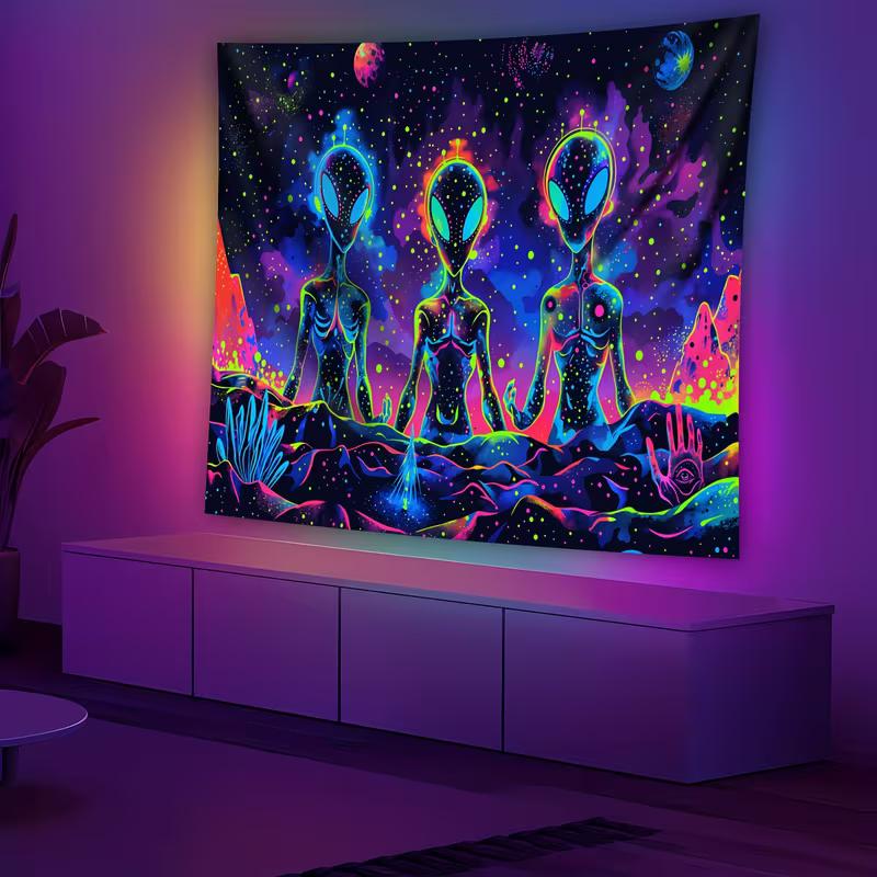 2D Trippy Alien UV Glow Tapestry, Blacklight Galaxy Wall Art for Home Decoration