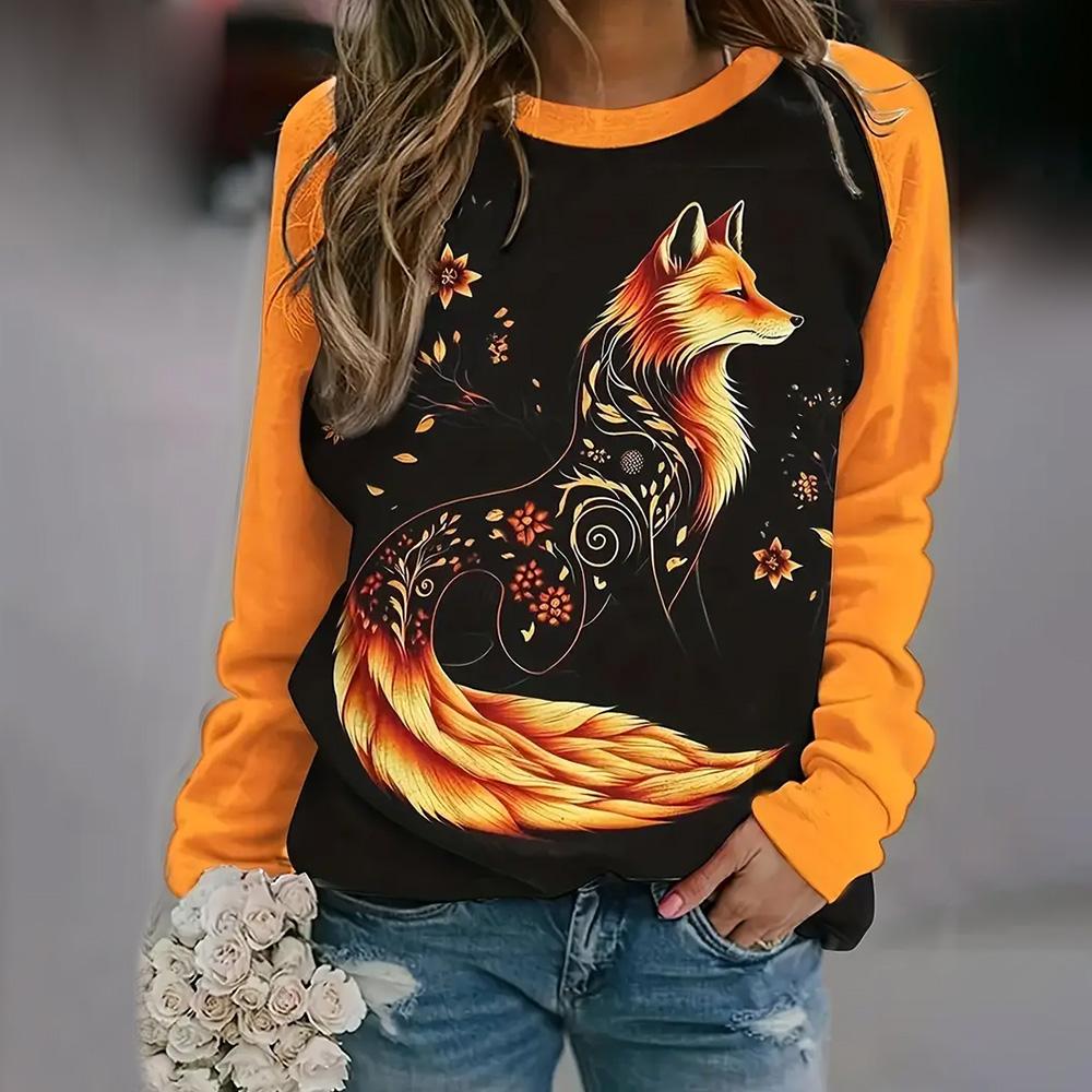 Trendy Casual Women's Tops 3d Fox Printed Round Neck Long Sleeve Shirts & Blouses Autumn & Winter Sweatshirts Female Clothes