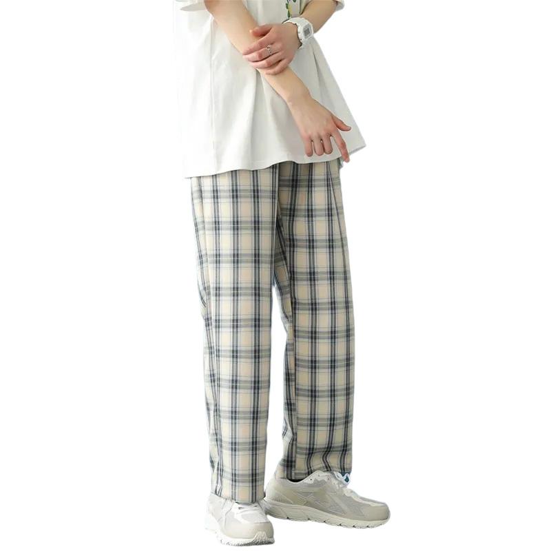 Клетчатые мужские брюки, весна-лето, модные повседневные винтажные брюки, свободные прямые домашние брюки, красивая уличная одежда, брюки большого размера
