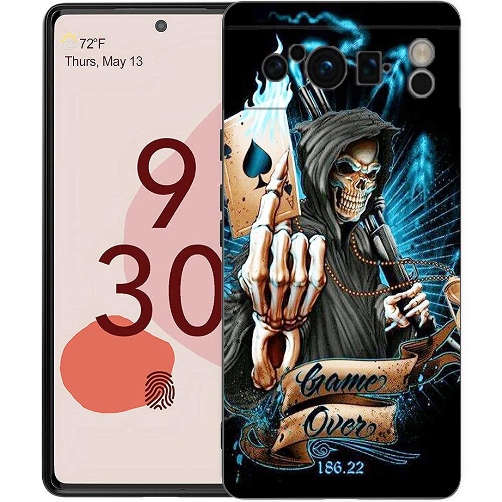 Чехол для телефона Google Pixel 6 7 8 9 Pro XL 8A 7A 6A Черный Чехол Мягкий Корпус Жнец Череп Скелет
