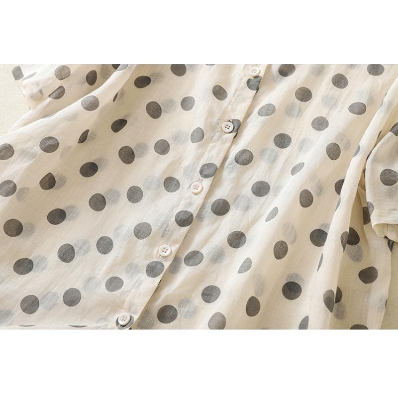 Летняя рубашка в горошек из хлопка и льна с принтом, кардиган с короткими рукавами и лацканами, рубашка, топ для женщин, блузки и рубашки