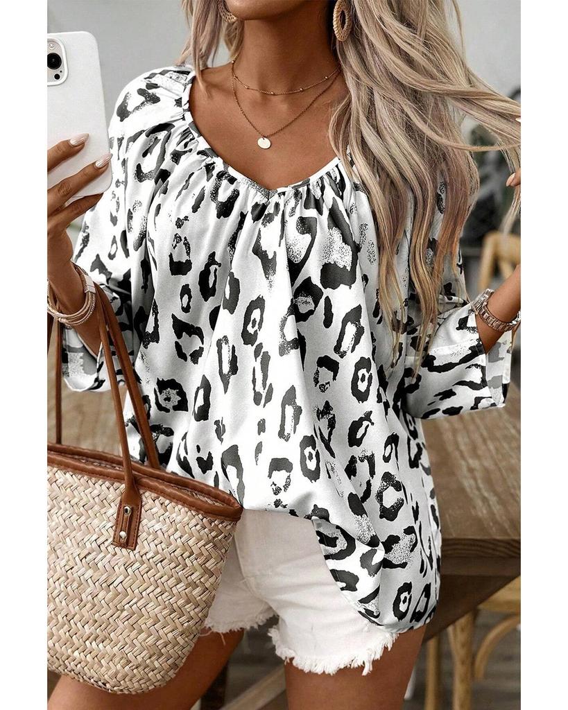 Azura Exchange Черная блузка с леопардовым принтом, V-образным вырезом и рукавами 3/4