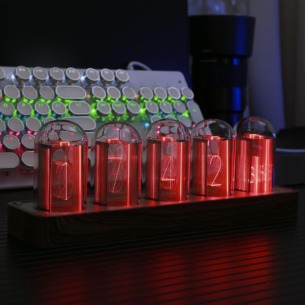 ClocTeck Nixie Tube Clock Sync 16 Million Colors Retro Modern Wooden Digital Clock Wi-Fi & Customizable,