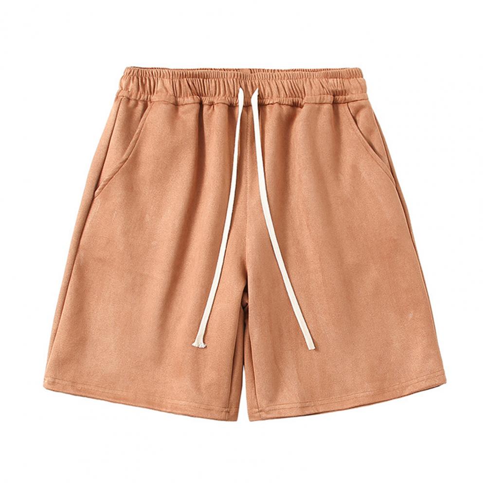 Men Summer Athletic Shorts Mid-rise Elastic Drawstring Waist Shorts Pockets Wide Leg Running Solid Color Suede Shorts