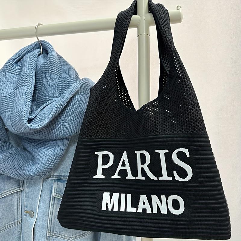 Винтажная сумка-тоут крючком Paris Milano - Шикарная сумка через плечо с надписью "PARIS MILANO", Бежевая и черная, Идеально подходит для пляжа
