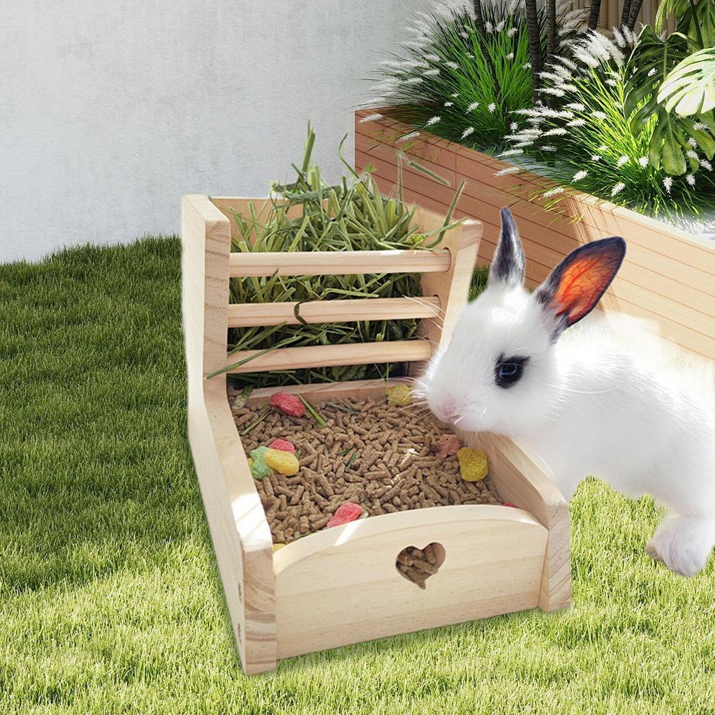Wood Rabbit Hay Feeder Food Feeding Manger Sturdy Bunny Dispenser Small Animals Holder