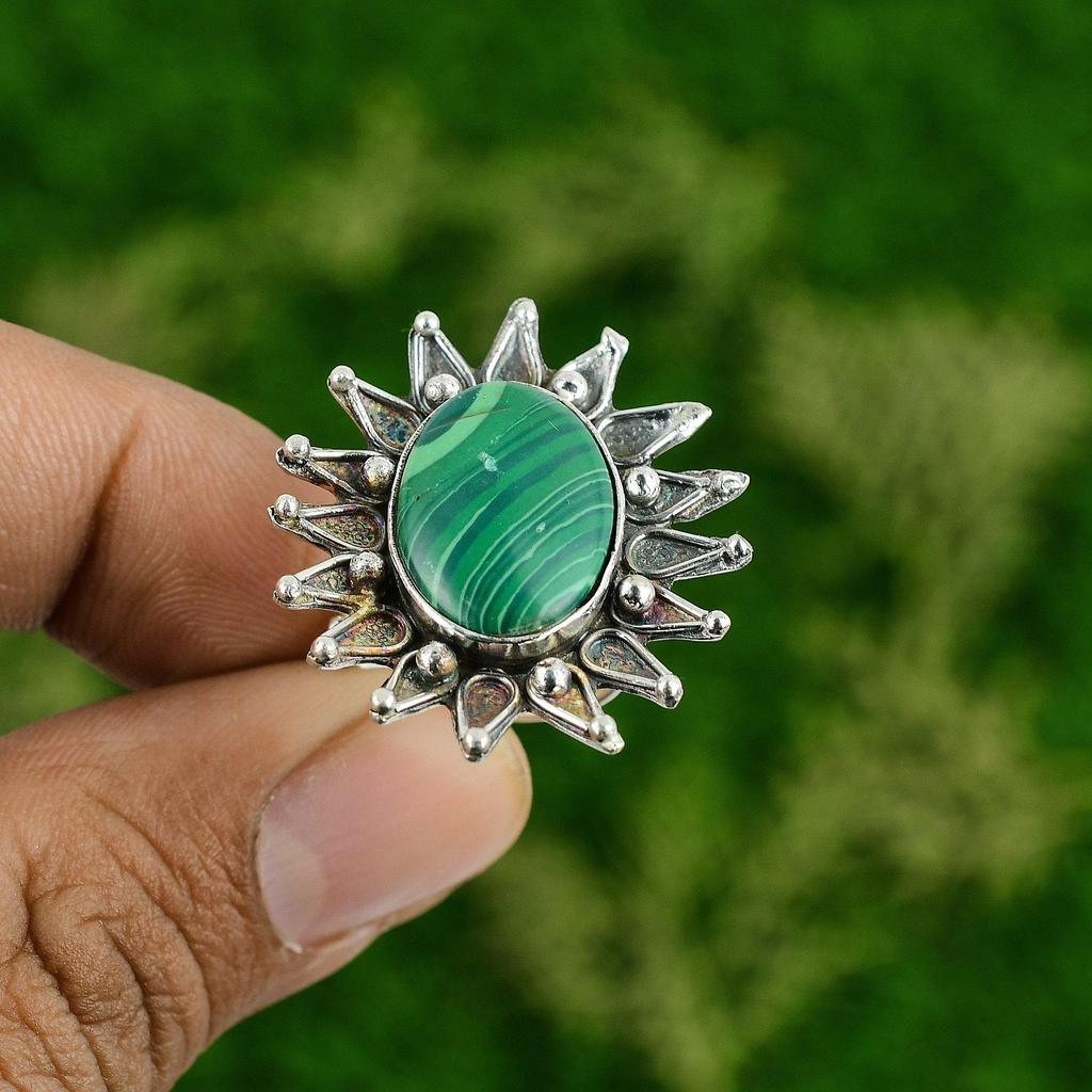 Стерлинговое серебро Русский малахит Камень Дочь Заявление Кольцо-цветок Ювелирные изделия