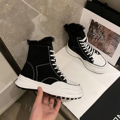 Зимние сапоги из кожи и меха, женские высокие кеды, толстая подошва, теплые и утолщенные, повседневные и удобные, модные большие хлопковые туфли.