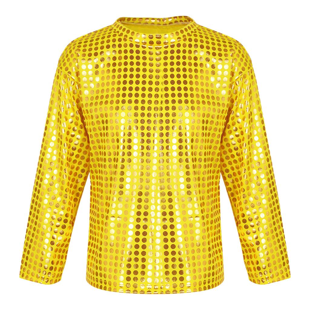 Boys Girls Stage Performance Top Long Sleeve Round Neck Glitter Sequins Solid Color Shirt for Dance Events