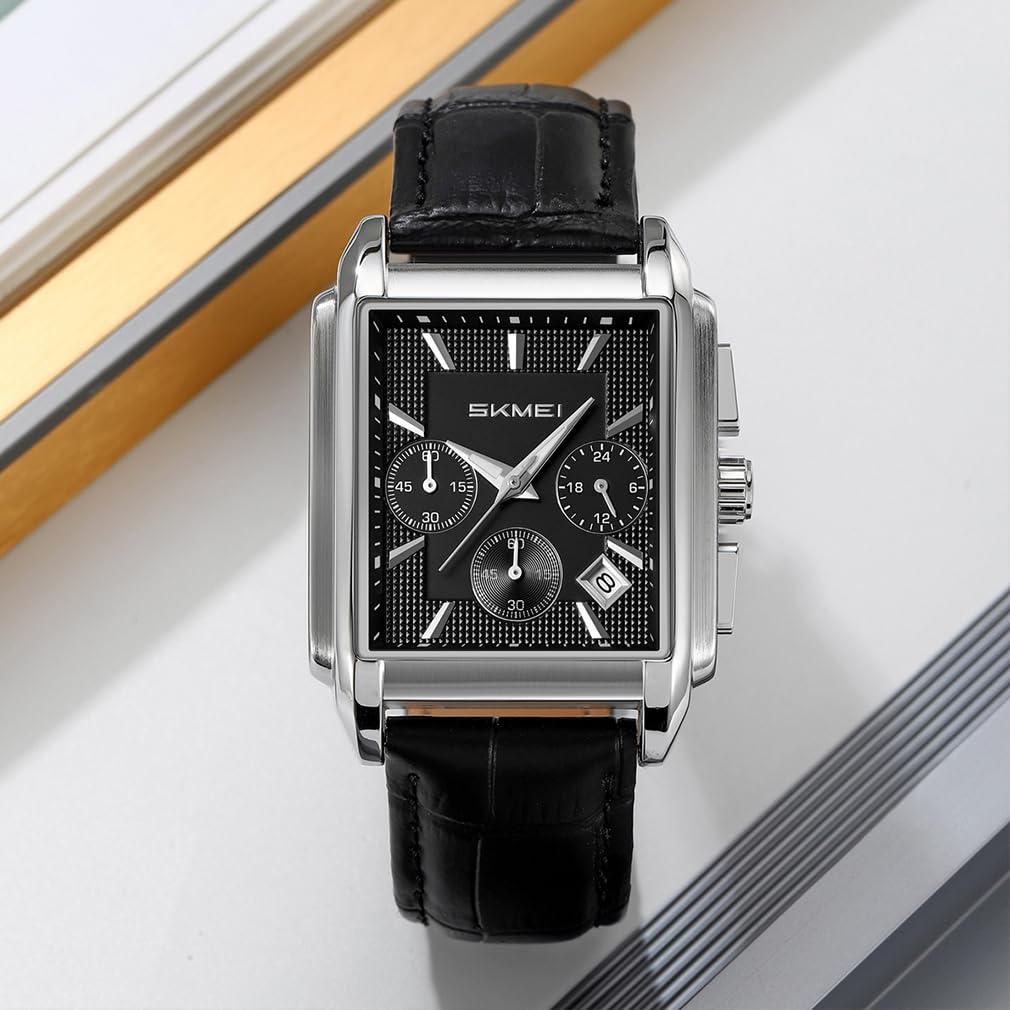 Skmei Квадратные часы Черный кожаный ремешок Стильные наручные часы Хронограф Водонепроницаемые Брендовые Аналоговые Часы в стиле Бизнес-кэжуал Роскошный подарок Серебристые Черные часы для