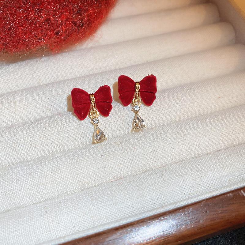 Vintage Red Flocking Earrings Collection Bow Knot Earstuds Vintage Style Earrings Jewelry Gift