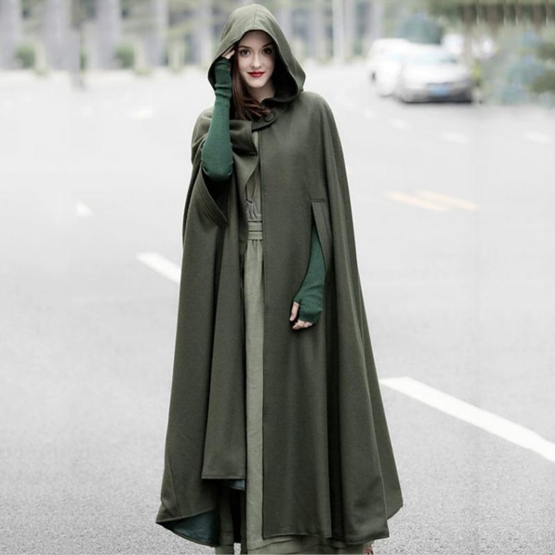 Women Long Sleeve Hooded Mediaeval Cloak Maxi Wool Coat