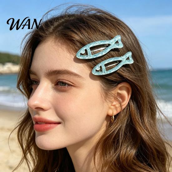 Fresh Fish Hollow Shape Clip 2Pcs Girl Hairpins, Acrylic Hair Clips with Built-in Elastic Clip, Broken Pins, Transparent Icy Blue Accessories